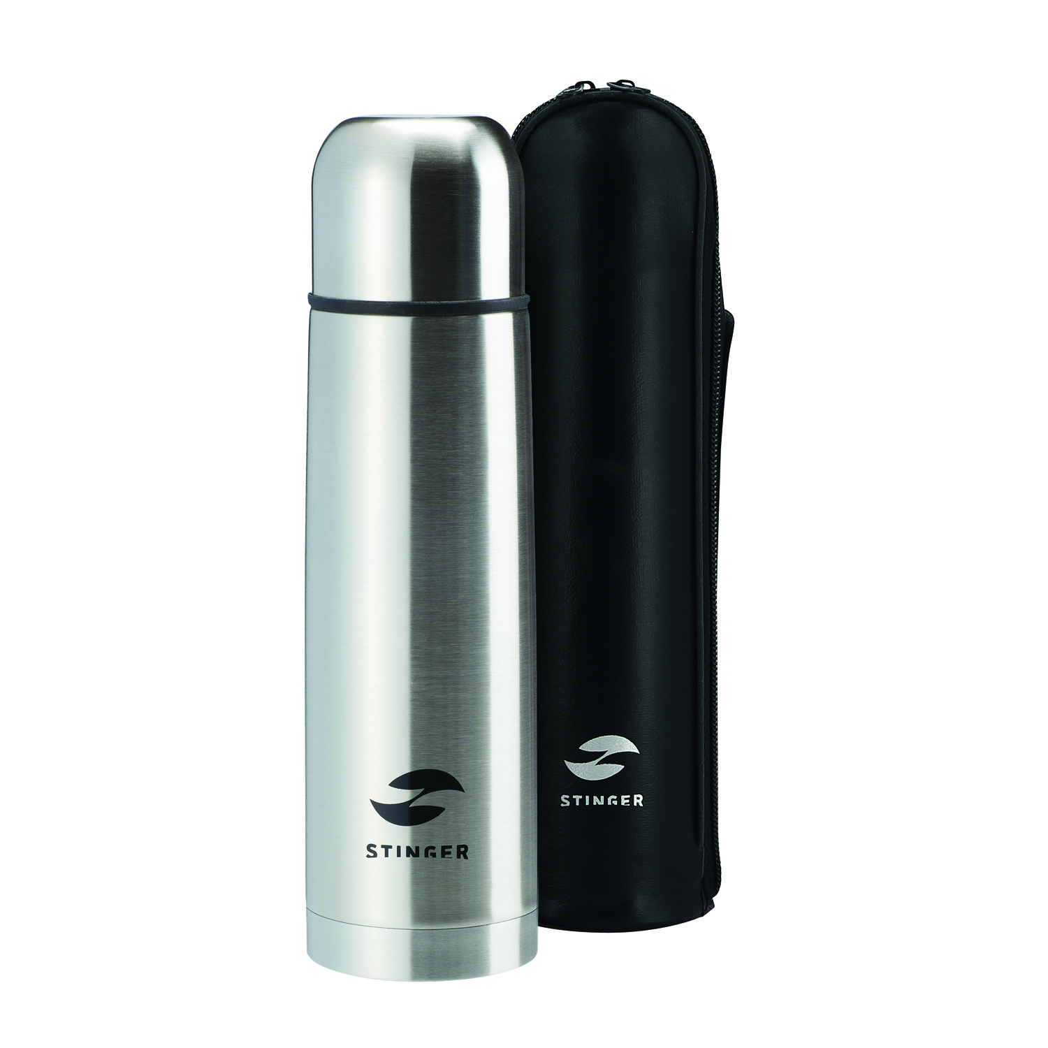 Термос Stinger с чехлом, 0,5 л, узкий, сталь/кожзаменитель, с чехлом, серебристый, 7 х 7 х 24,6 см