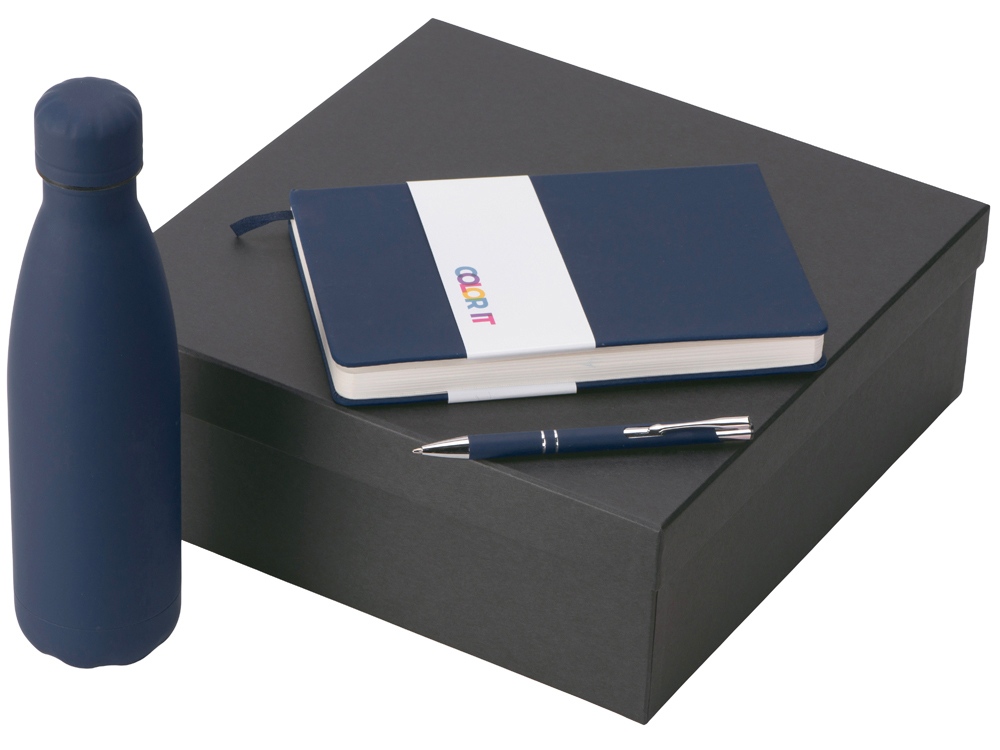 Подарочный набор с блокнотом С2, металлической ручкой и термобутылкой, темно-синий