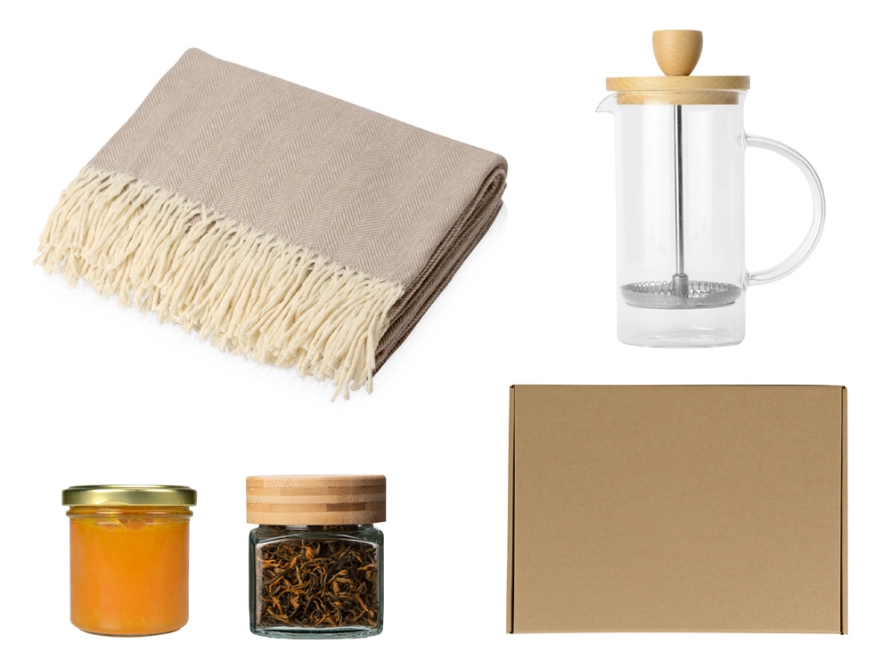 Подарочный набор с пледом, френчпрессом, чаем и вареньем, бежевый