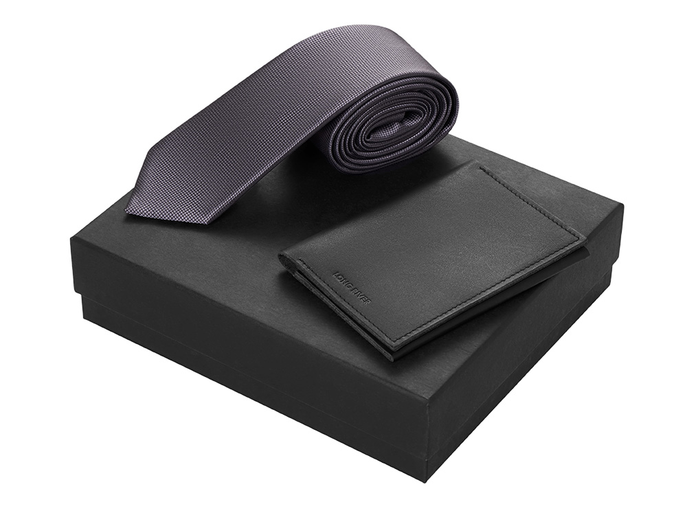 Подарочный набор Long River: обложка для паспорта, галстук, черная коробка