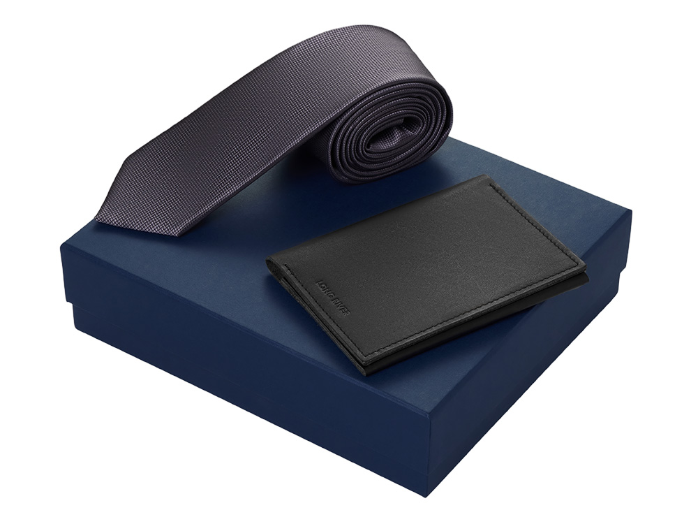 Подарочный набор Long River: обложка для паспорта, галстук, синяя коробка