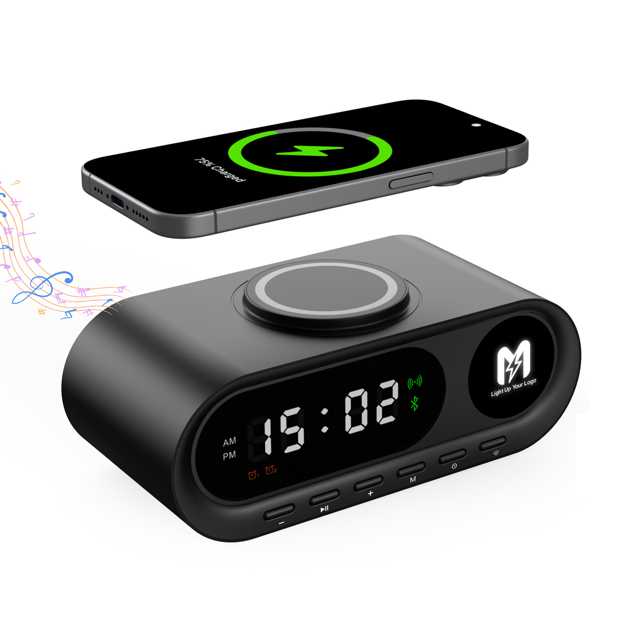 Настольные часы "Smart Hub" с bluetooth колонкой 5Вт, беспроводной (15W) зарядкой и подсветкой логотипа